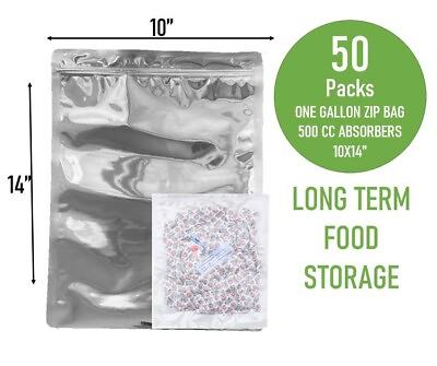 50 Resealable Mylar Food Storage Bags 10*14quot;Gallon Size500CC Oxygen Absorbers $22.99
