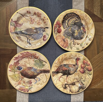 #ad Pottery Barn Fresco Bird Plates Turkey Quail Thanksgiving Fall New In Box $110.00