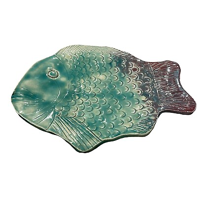 #ad Handmade Fish Art Pottery Plate Platter Signed Variegated Glaze Purple Teal Blue $24.95