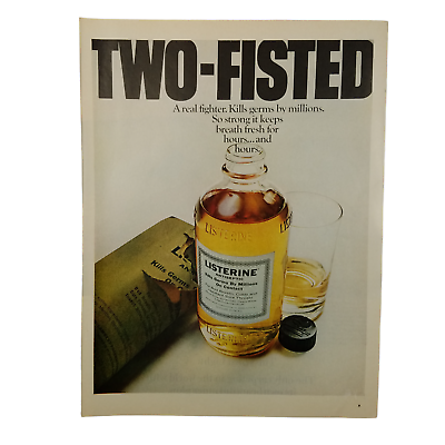#ad 1968 Listerine Vintage Print Ad Two Fisted Kills Germs Fresh Breath For Hours $7.20