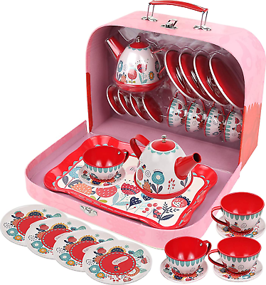 #ad Tea Set for Little Girls Pretend Play Tea Party Set Floral Design Kids Tin Tea $34.95