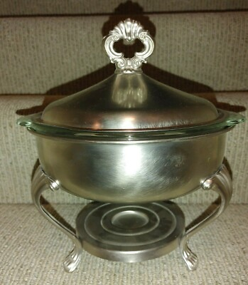 Vintage Fire King 2 Quart Baking Dish w Rogers Pewter Chafing Holder Tea Light $19.99
