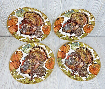 #ad Pottery Barn Heritage Turkey 10 5 8quot; Dinner Plates Set Of 4 Gold Trim Discont. $128.95