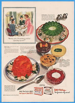 #ad #ad 1945 Helen E. Hokinson Art Jello Jade Ring Salad Party Pudding WWII Era Ad $13.49