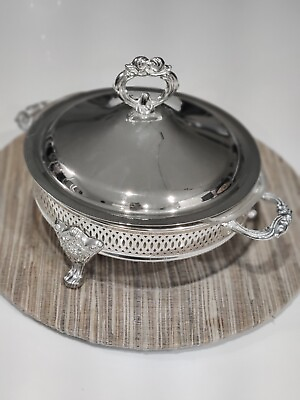 Vtg Silver Plate Fire King Glass 2 qt Insert Chafing Dish Lid Food Server  $55.00