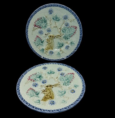 #ad Pottery Barn Plates Majolica Bunny Rabbit Dessert 8” Set of 2 Floral Embossed $75.00