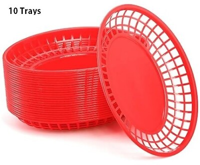 #ad 10 Red Oval Fast Food Baskets 8.9 X 5.6 X 1.5 Inch Plastic Platter $7.95