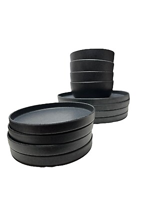 #ad Pottery Barn Mason Charcoal Modern Melamine 12 Piece Set Plates Bowls $57.79