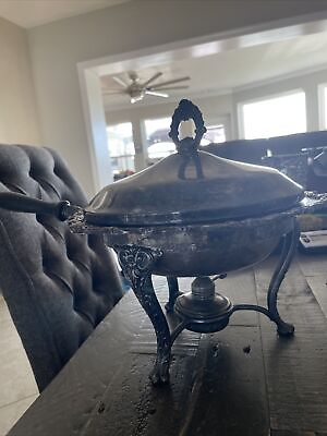 BEAUTIFUL 1940#x27;s 5pc SILVERPLATE CHAFING DISH BURNER amp; FANCY STAND DOUBLE DISH $97.49