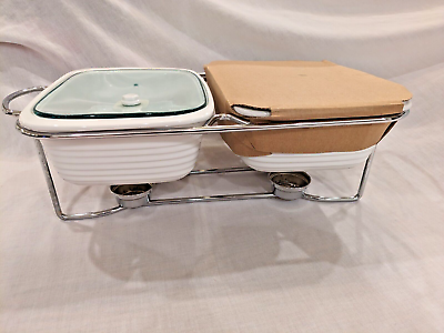 #ad New Open Box 2 Rectangular Warmer Serving Buffet Dishes with Stand Ceramic Glass $43.49