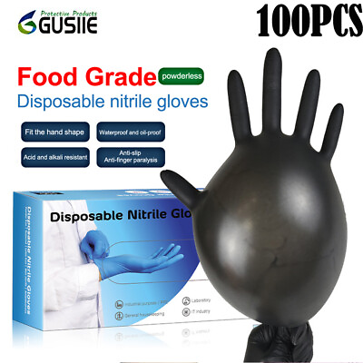 #ad 100pcs Waterproof Nitrile Gloves Mechanical Medical Food Disposable Gloves Black $20.23
