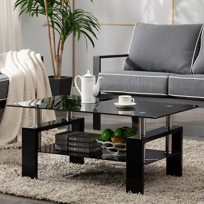 Black Glass Coffee Rectangular Table Modern W Shelf Wood Living Room Furniture $92.00