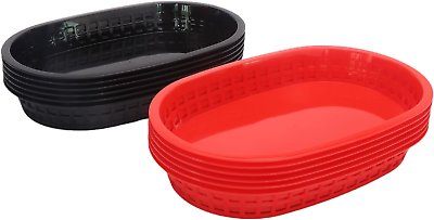 #ad 12 Pcs Plastic Serving Fast Food Baskets Black amp; Red Trays For Burger Restaurant $23.25