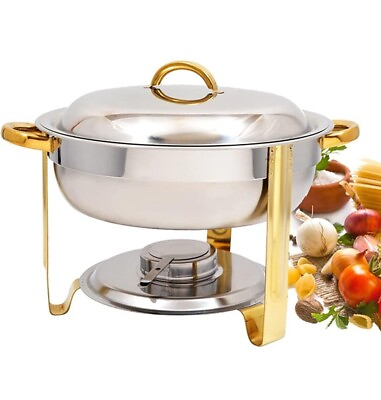 #ad Deluxe Half Size 4 Qt Round Gold Accent Stainless Steel Chafer Chafing Dish Set $22.85