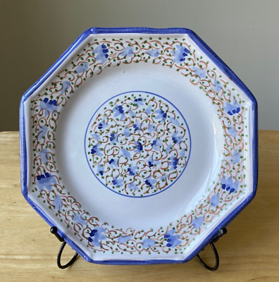 2 LA ROUE VALLAURIS FRANCE 8quot; Blue amp; Pink Floral Octagonal Art Pottery Plates $60.00