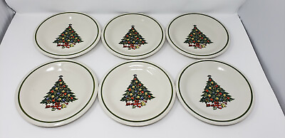 Mount Clemens Pottery Christmas Tree Lot of 6 Dessert Plates Green Band 7 3 8quot; $17.99