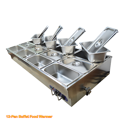 #ad Stainless Steel 12 Pan Bain Marie Buffet Warmer with Glass Sneeze Guard 110V $873.05