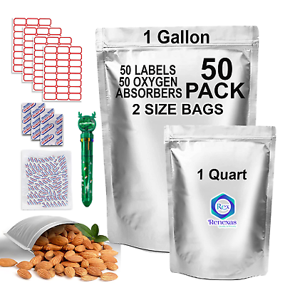#ad #ad 50 Pcs Mylar Bags for Food Storage With Oxygen Absorbers Resealable 9 Mil $14.99