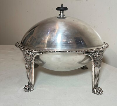 #ad antique 1800s ornate Empire silverplated footed bacon breakfast server dome dish $174.99