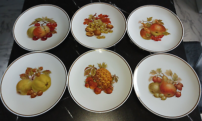 #ad 6 Hutschenreuther 5025 8quot; Dessert Salad Plates Fruit Nut Centers Gold Band EUC $17.95