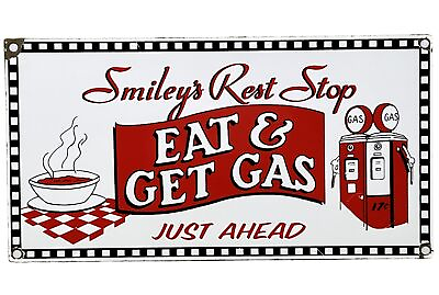 #ad VINTAGE SMILEY#x27;S REST STOP PORCELAIN SIGN GAS STATION DINER ROUTE 66 RESTAURANT $99.76