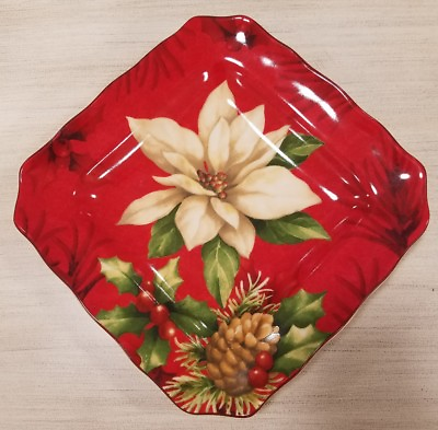 #ad #ad NEW 4 222 Fifth Christmas Poinsettia Holly Berry Pine Cone Salad Party Plates $69.99