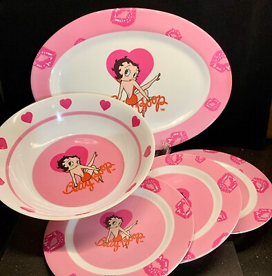 #ad 5pc Lot BETTY BOOP Pink Melamine Platter Serving Bowl 3 Salad plates hearts $28.00