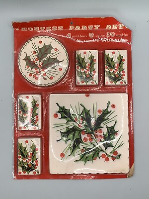 #ad Vintage Hostess Party Set Mistletoe Matches Coasters Napkins Mid Century Parties $25.00