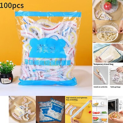 #ad 100pcs Plastic Food Cover Disposable Food Fresh keeping Cover with Elastic USA $6.59
