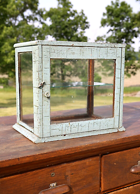Antique Display Cabinet wood oak medical case glass countertop cabinet blue $539.99