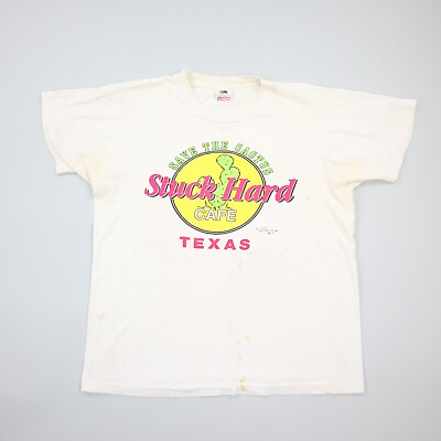 #ad Vintage 90s Stuck Hard Cafe Texas T Shirt Single Stitch Grungy White Distress L $17.99