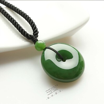 Chinese 100% Natural Hand carved HeTian Jade Pendant Green Necklace Lucky Donuts $2.22