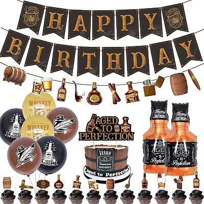 #ad #ad Whiskey Birthday Decoration Happy Birthday Banner Cake Toppers Foil Balloons $17.99