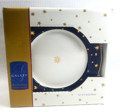 #ad VTG Sakura Galaxy Holiday Dinnerware Set of 4 Blue Salad Plates 14K Trim amp; Stars $28.83