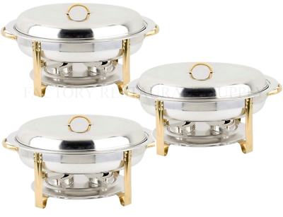 3 PACK Deluxe 6 Qt Gold Stainless Steel Oval Chafer Chafing Dish Set Full Size $295.00