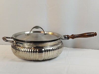 #ad Vtg Silver Plate Wood Handle Anchor Hocking Glass 3 qt Insert Chafing Dish Lid $30.00