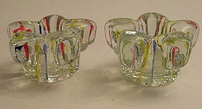 #ad 2 Glass Candle Holders Clear with Red Yellow Blue Stripes Star Flower EUC CE $17.00