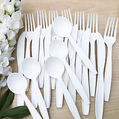 #ad Sets of 80 White Plastic Cutlery Strong Disposable Parties Camping Home Events GBP 2.99