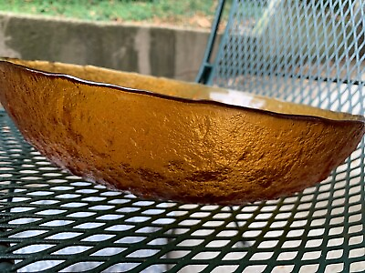 #ad Large Mid Century Rich Amber Textured Glass Serving Bowl Salad Display Stunning $50.05