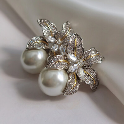Fashion Women White Pearl Wedding Drop Earrings Two Tone 925 Silver Jewelry C $4.27