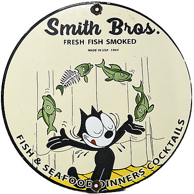 #ad #ad VINTAGE SMITH BROS SMOKED FISH PORCELAIN SIGN FELIX THE CAT RESTAURANT CAFE $99.76
