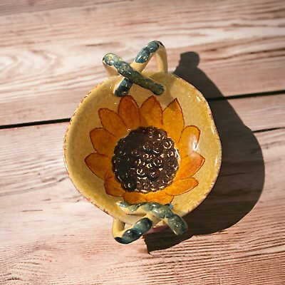 VTG Italian Pottery Bowl Dbl Twist Handle Yellow Sunflower Handmade Handpainted $28.99