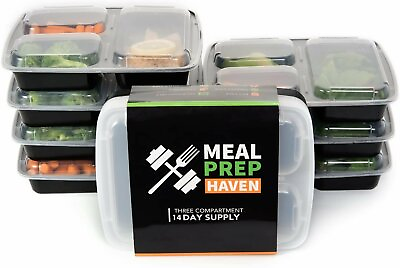 Meal Prep Haven Three Compartment Food Containers with Lids 14 Pack $14.88