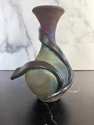 John Kellum Raku Pottery Vase Signed Rainbow Vase 7.5quot; $125.00