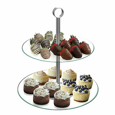 Two Tier Round Glass Buffet and Dessert Stand Brownies Cupcakes Cookie Tray $15.99