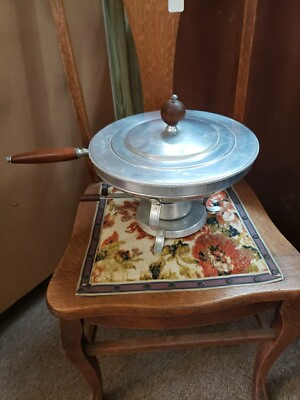 #ad Vintage Polished Aluminum Food Warmer Chafing Dish Set Wood Handles MCM Style $19.99