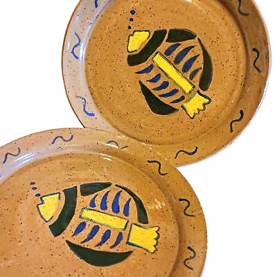 Studio Art Pottery Plates Handmade Fish Multicolor Set Of 2 Speckled Stoneware $18.99
