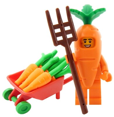 #ad NEW LEGO CARROT COSTUME GUY w Wheelbarrow of Carrots MINIFIG LOT food person $9.99