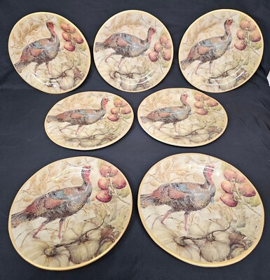 #ad Pottery Barn FRESCO TURKEY Set 7 Female Turkey Salad Plates MINT $87.52
