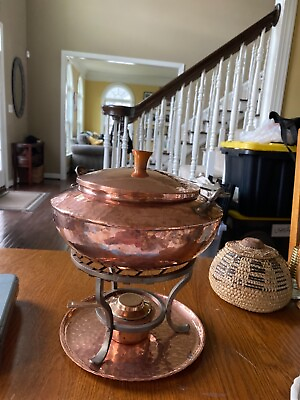 VINTAGE LARGE COPPER CHAFING DISH WITH BRASS STAND AND HANDLE $78.29